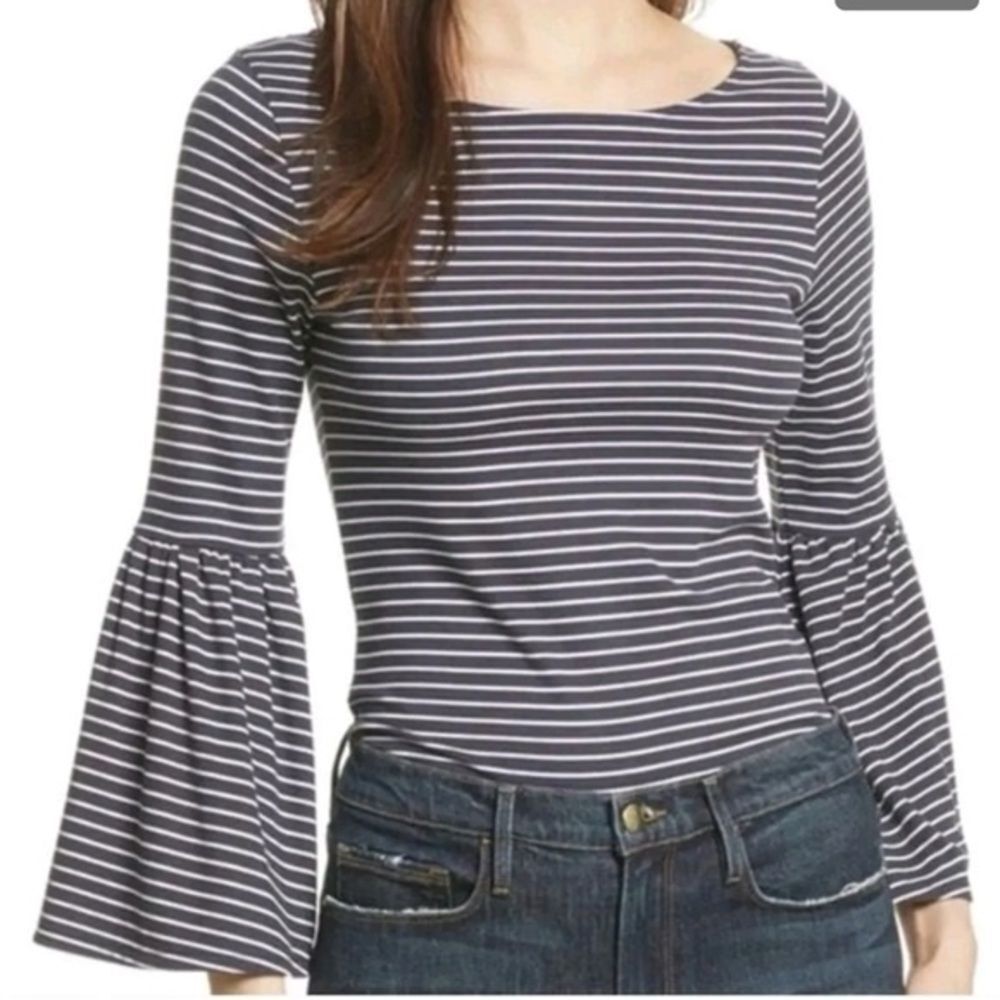 Frame Navy & White Boatneck striped Bell Sleeve Top Size Medium EUC! like new!
